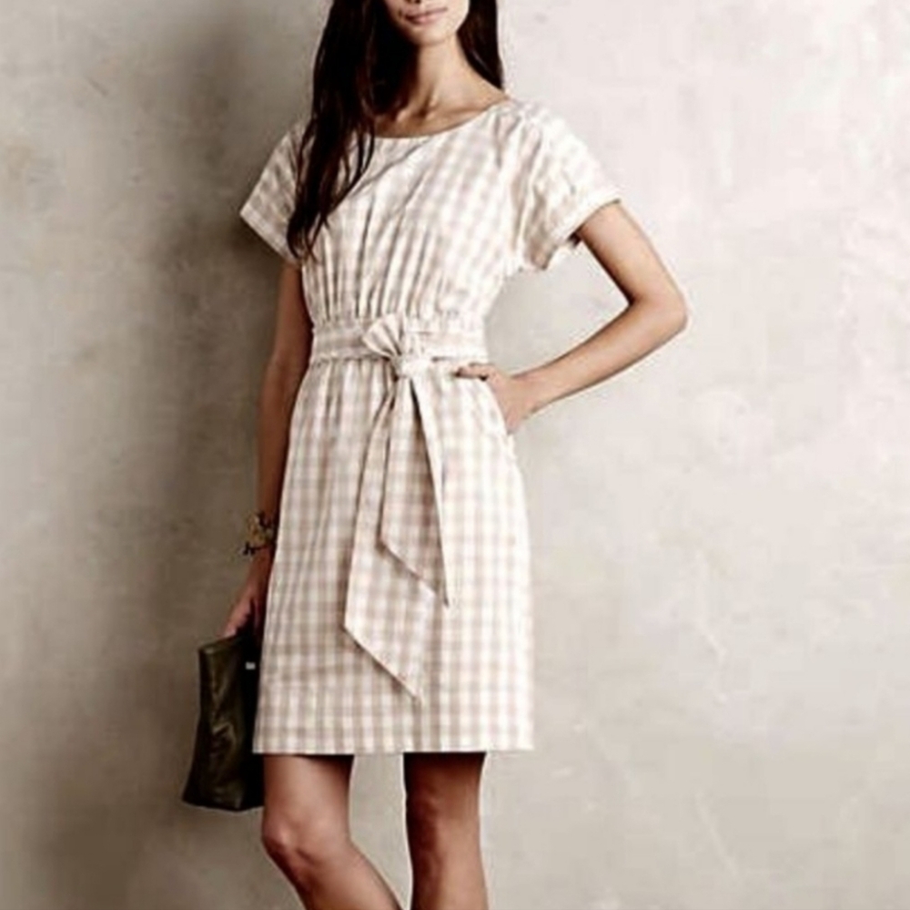 Anthropologie Tan and White Sheath Dress with Dolman Sleeves
